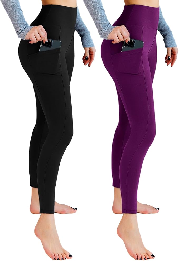 Leafigure 2 Pack Leggings with Pockets for Women, High Waisted Soft Leggings for Yoga Gym