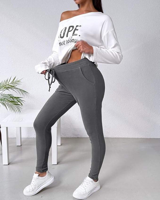 CHICME Women Tracksuit Fall 2 piece Outfits Off The Shoulder Long Sleeve Tops and Pants Set Travel Outfits