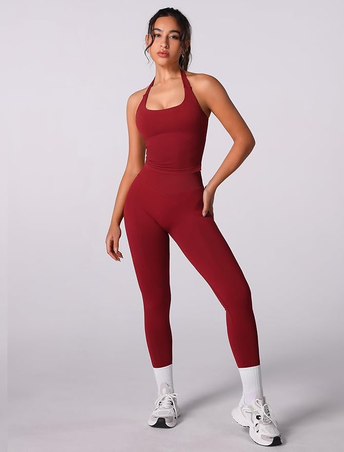 ABOCIW Workout Sets for Women Seamless Scunch Butt Lifting Impact Leggings Halter Sports Bra 2 Piece Gym Outfits