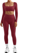 SUUKSESS Women 2 Piece Workout Sets Compression Tummy Control Leggings with Pockets Long Sleeve Square Neck Padded Crop Tops