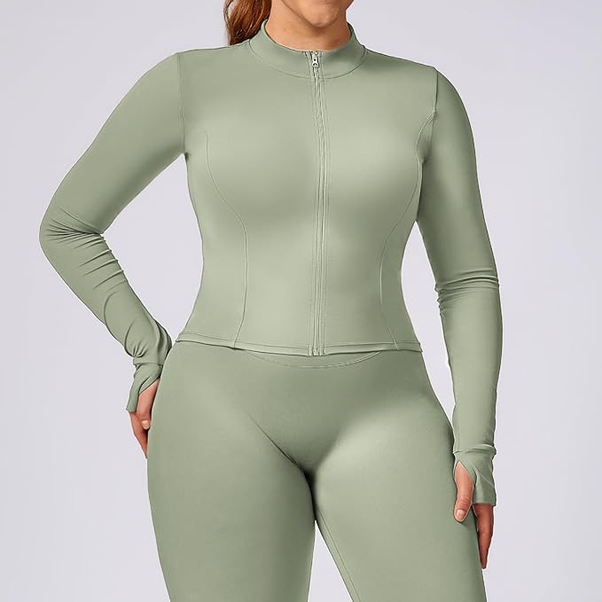 Yknktstc Womens Full Zip Athletic Jacket with Thumbhole Long Sleeve Crop Top Running Workout Yoga Sportswear Shirt