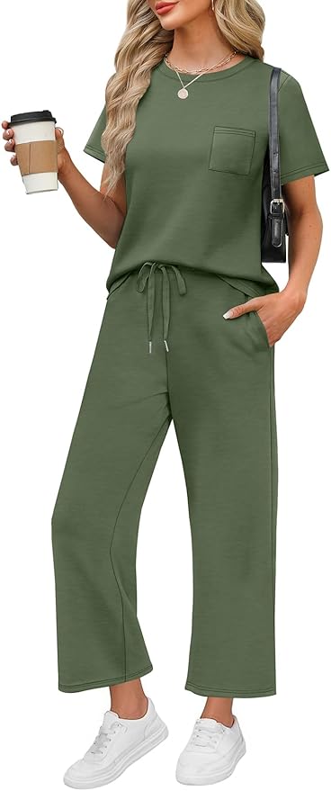 WIHOLL 2 Piece Sets for Women Casual Summer Travel Vacation Outfits Short Sleeve Wide Leg Crop Pants Lounge Sets