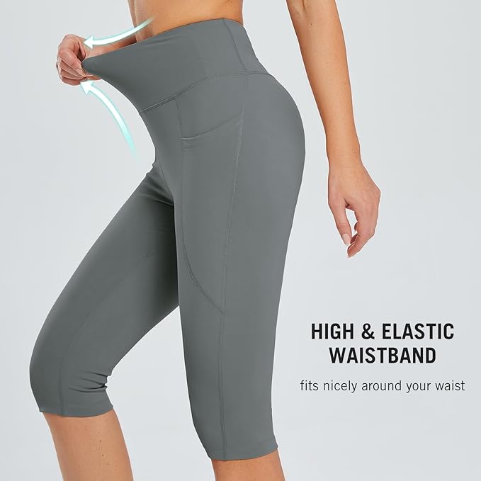 baleaf Women's Capri Leggings with Pockets High Waisted Knee Length Capris Stretch for Casual Yoga Pants Workout Exercise