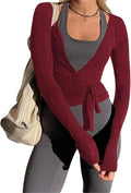 Women Wrap Top Long Sleeve Deep V Neck Cross Tie Workout Ballet Pilates Yoga Shirt