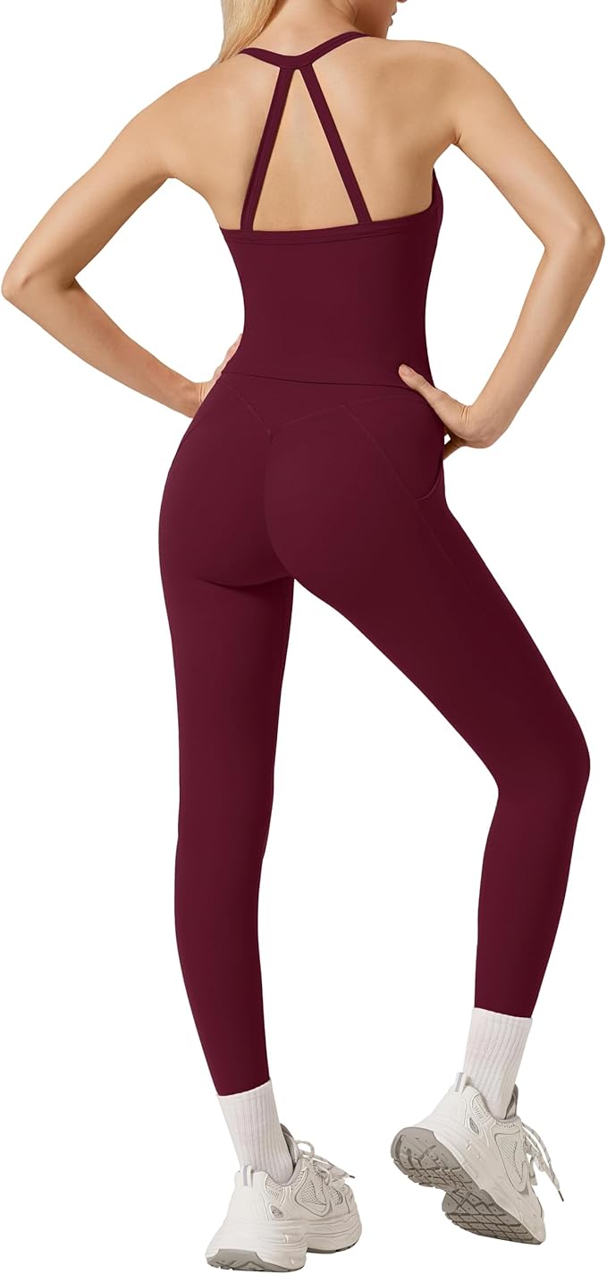 RXRXCOCO Cross Back Workout Sets for Women 2 Piece Padded Tank Tops Hidden Scrunch Leggings Gym Outfits with Pockets