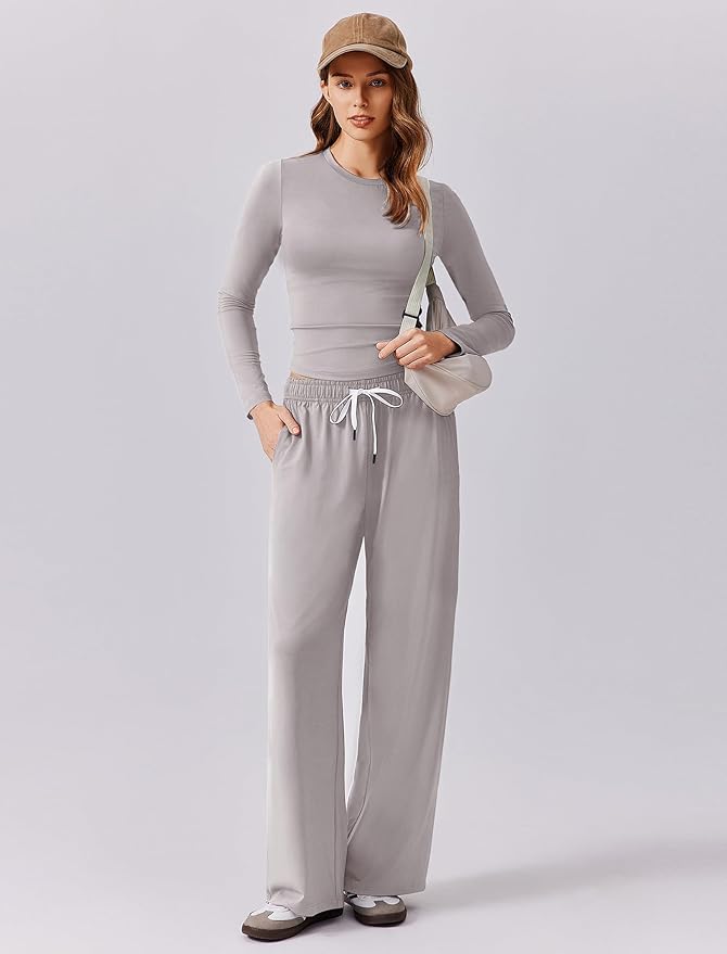 PINSPARK Women 2 Piece Lounge Set Long Sleeve Cropped Top Wide Leg Pants with Pockets 2024 Fall Outfits Matching Tracksuit
