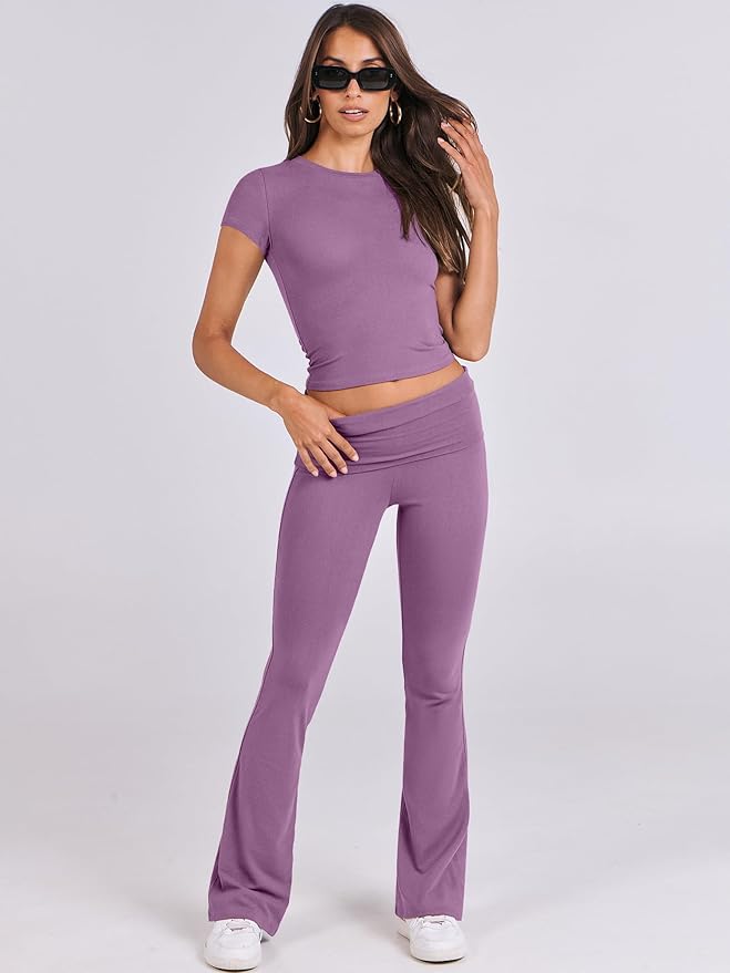 ANRABESS Lounge Sets for Women 2 Piece Foldover Yoga Flare Leggings Pants Crop Tops Casual Y2K Outfits Matching Tracksuit Set