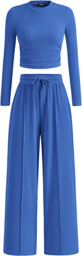 BTFBM Casual 2 Piece Sets For Women Fall Outfits 2026 Ribbed Spring Long Sleeve Crop Top Wide Leg Pants Matching Lounge Set