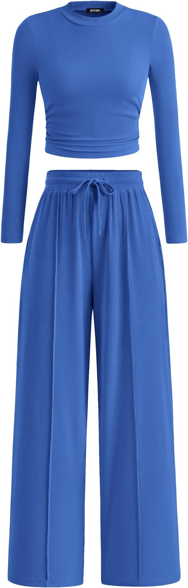BTFBM Casual 2 Piece Sets For Women Fall Outfits 2026 Ribbed Spring Long Sleeve Crop Top Wide Leg Pants Matching Lounge Set