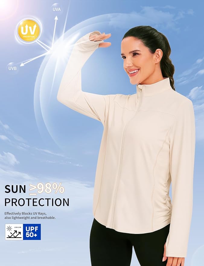 Vldnery Women's UPF 50+ Sun Protection Lightweight Jacket Zip Up Long Sleeve Sun Shirt for Women with Thumb Hole Hiking