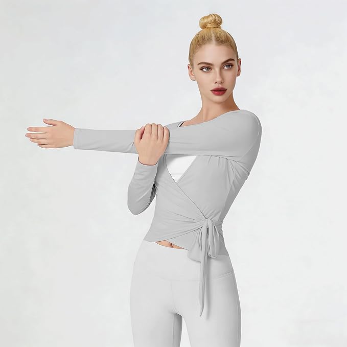 Women Pilates Wrap Top Ballet Tie Workout Shirt Long Sleeve Cross Sexy Deep V Neck Yoga Coquette Blouses Y2k Active Gym