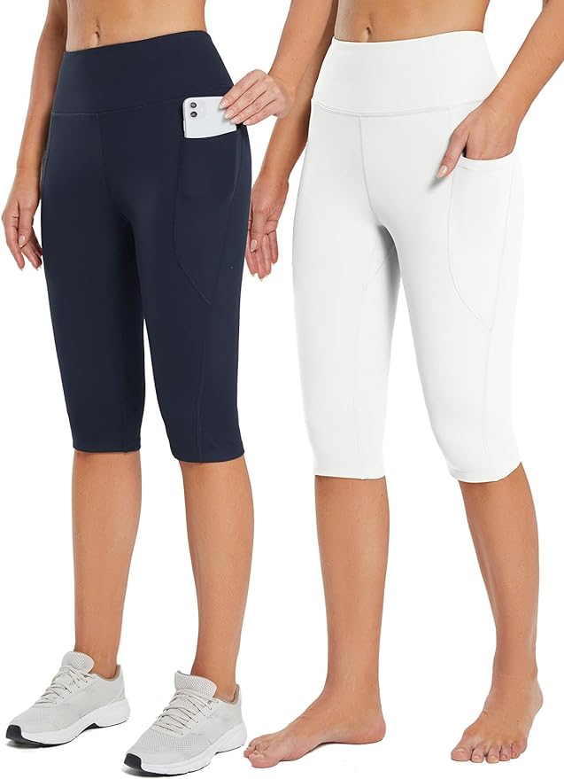baleaf Women's Capri Leggings with Pockets High Waisted Knee Length Capris Stretch for Casual Yoga Pants Workout Exercise