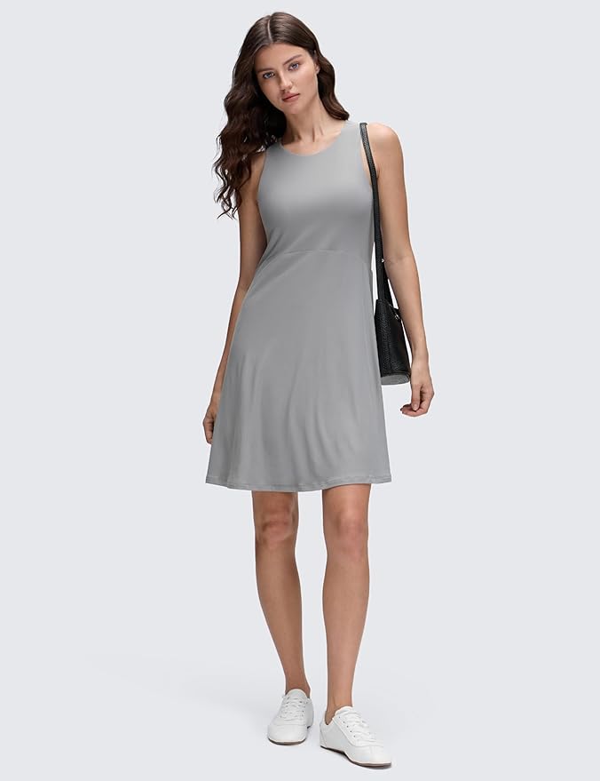 CRZ YOGA Cloudweight Double Layer Midi Dress for Women - Crewneck Flowy Tank Top Sleeveless Outfits for Casual Travel