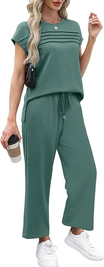 WIHOLL Two Piece Sets for Women Summer Spring Travel Vacation Outfits Cap Sleeve Lounge Matching Sets Wide Leg Pants S-3XL