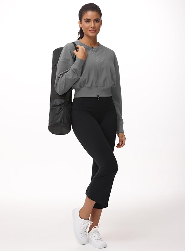 THE GYM PEOPLE Women's Cropped Jackets Full Zip Long Sleeve Ribbed Workout Sweatshirts Lightweight Casual Tops