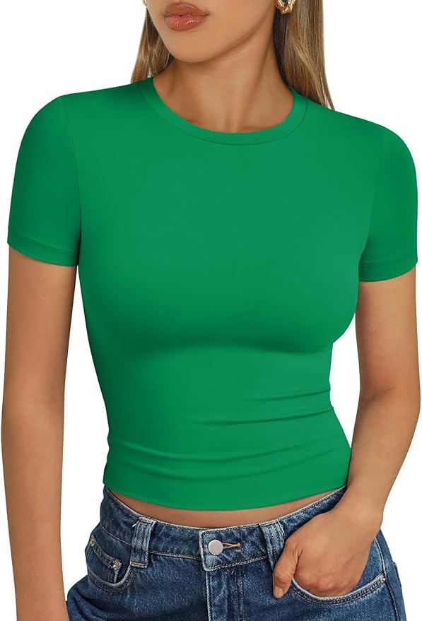 Trendy Queen Womens Short Sleeve T Shirts - Buttery Soft Summer Crop Tops Slim Fit Y2k Basic Tees for Workout