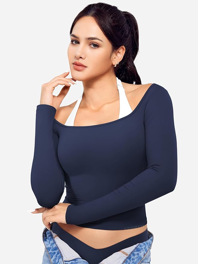 YEOREO Long Sleeve Workout Tops for Women Square Neck Slim Fitted Double Lined Compression Shirt Basic Casual Gym Yoga Tops