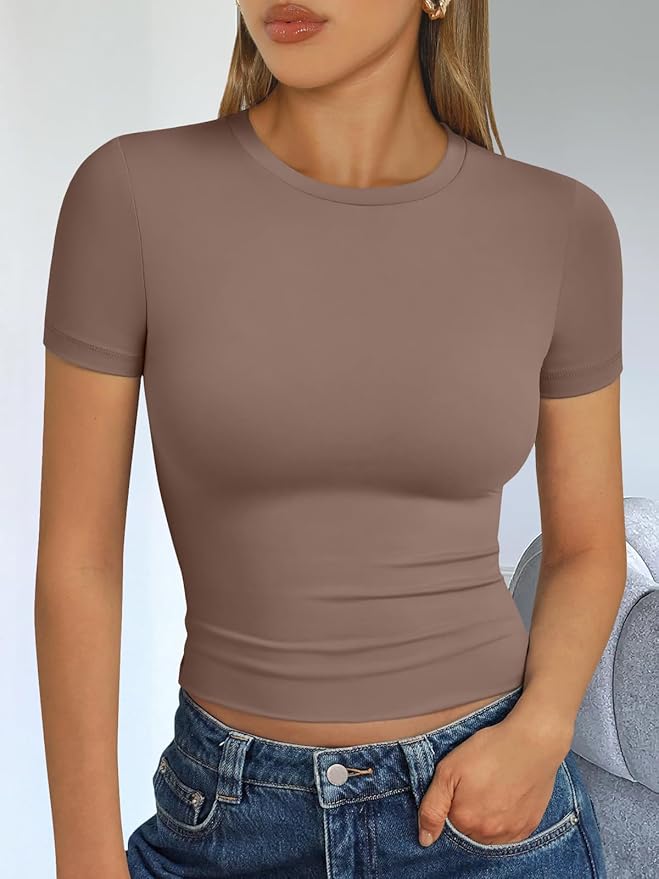 Trendy Queen Womens Short Sleeve T Shirts - Buttery Soft Summer Crop Tops Slim Fit Y2k Basic Tees for Workout