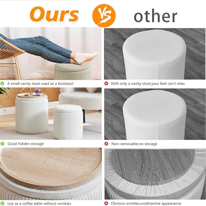 BLEXA Round Ottoman with Storage Set of 2-Upholstered Velvet Vanity Stool for MakeupMultifunctional Ottomans Coffee Table Padded Seat Foot Rest for Living Room&Bedroom(White-Upgrade Tray Lid)