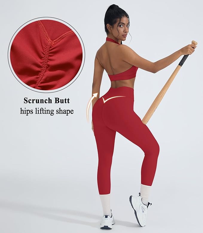 OMKAGI 2 Piece Workout Sets for Women Halter Sports Bras Gym Sets Booty Leggings Outfits