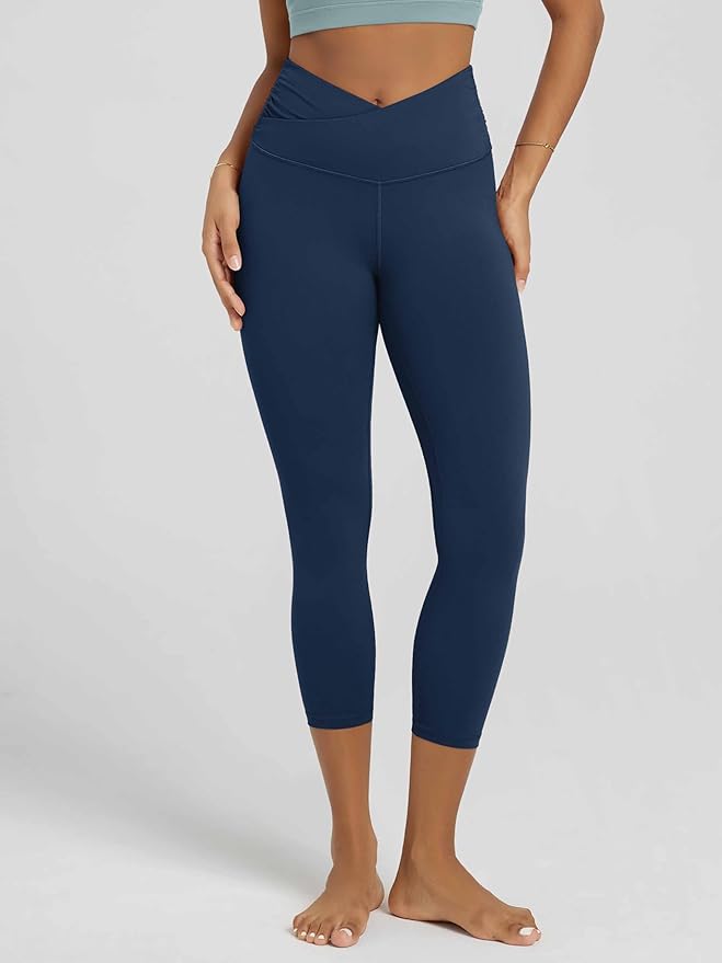 ODODOS Women's Cross Waist Yoga Leggings with Inner Pocket, 23"/25"/28" Gathered Crossover Workout Yoga Pants