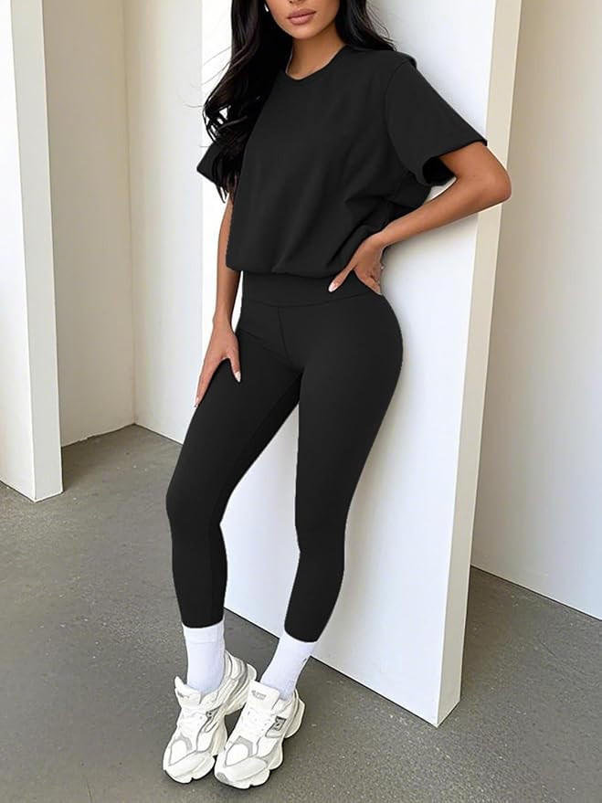 ZFLM casual sportswear 3-piece set high waist tight pants yoga pants short sleeved round neck yoga set