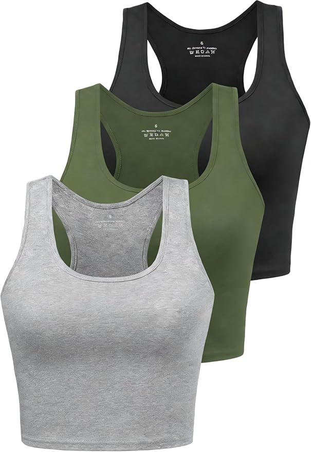 Porvike Sports Crop Tank Tops for Women Cropped Workout Tops Racerback Running Yoga Tanks Cotton Sleeveless Gym Shirts 3 Pack