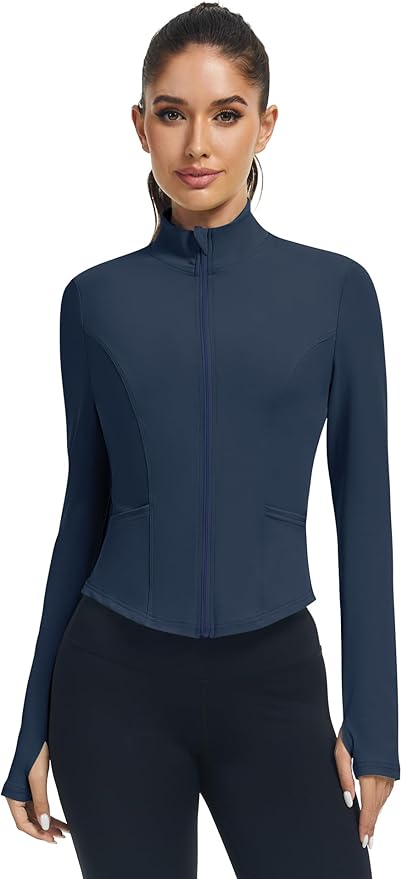 LOMON Women's Athletic Jackets Cropped Long Sleeve Workout Tops Yoga Zip Up Jackets Gym Tops Golf Shirts