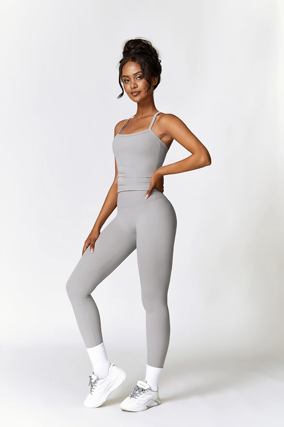 QBGJTD Womens Workout Sets Two Piece Cross Back Tank Top Matching High Waist Leggings Sets Gym Outfits Work Out Clothes