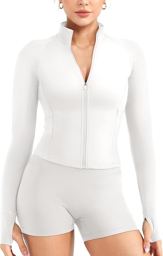 YEOREO Women Full Zip Workout Jacket with Pockets Thumb Hole Long Sleeve Athletic Cropped Jackets Gym Yoga Top