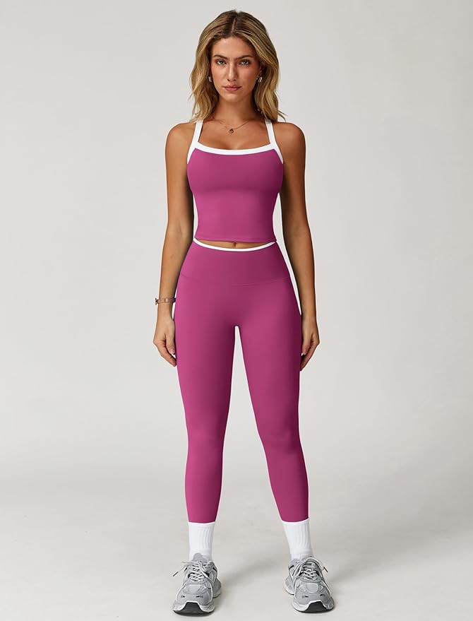 QBGJTD Womens Workout Sets Two Piece Cross Back Tank Top Matching High Waist Leggings Sets Gym Outfits Work Out Clothes