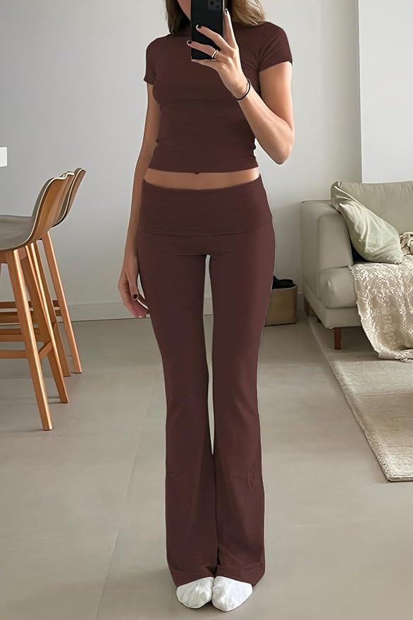 YETOWA Women's 2 Piece Lounge Outfits Slim Short Sleeve Tops Low Rise Flare Leggings Sets Yoga Sweatsuit