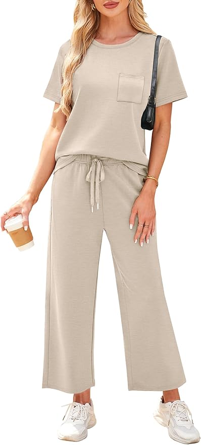 WIHOLL 2 Piece Sets for Women Casual Summer Travel Vacation Outfits Short Sleeve Wide Leg Crop Pants Lounge Sets