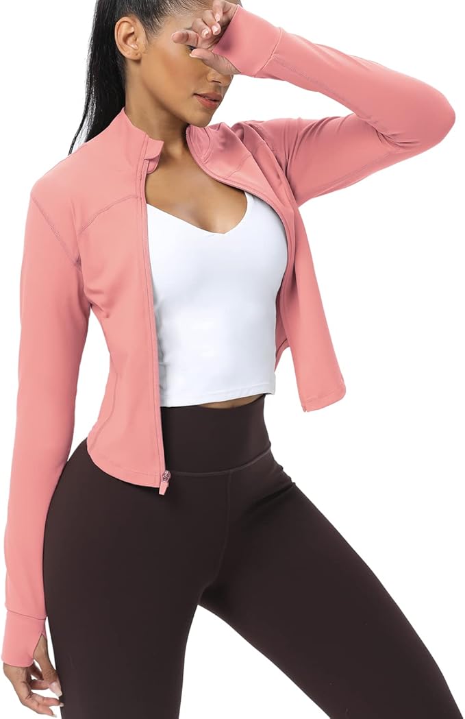 AVGO Women's Cropped Running Workout Jackets Zip Slim Fit Athletic Tops with Thumb Holes