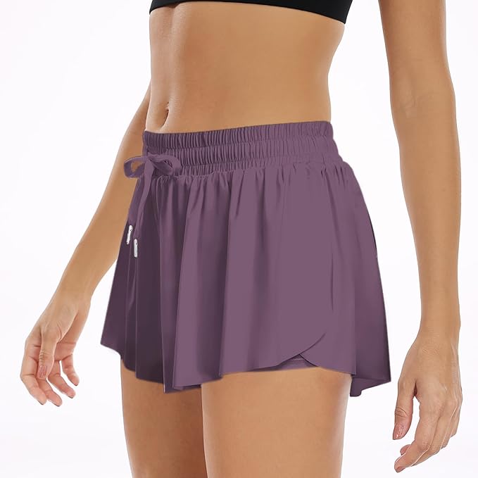 Wsirmet Flowy Shorts for Women Butterfly Shorts 2 in 1 Athletic Workout Gym Biker Running Shorts with Pockets