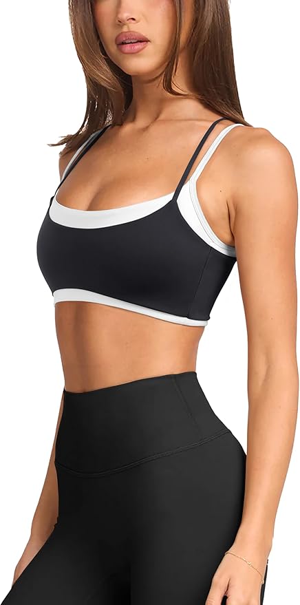 LASLULU Womens Double Layered Sports Bra Adjustable Spaghetti Straps Sexy Scoop Neck Wireless Padded Workout Yoga Crop Tops