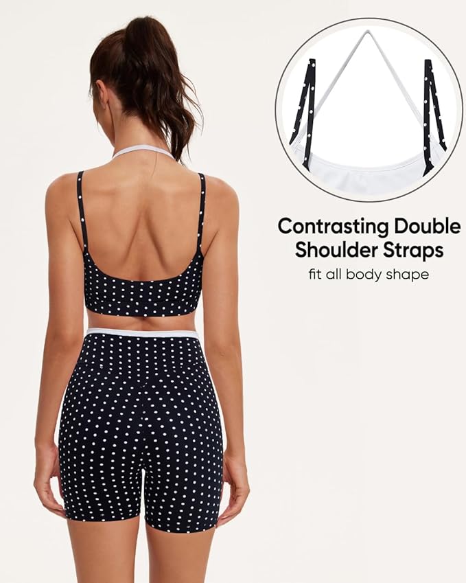 OMKAGI Workout Sets for Women Cute Doubel Layer Open Back Sports Bras Gym Shorts Outfits