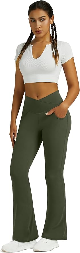 Flare Leggings for Women Yoga Pants with Pockets High Waisted Crossover Flare Leggings Bootcut Casual Yoga Pants
