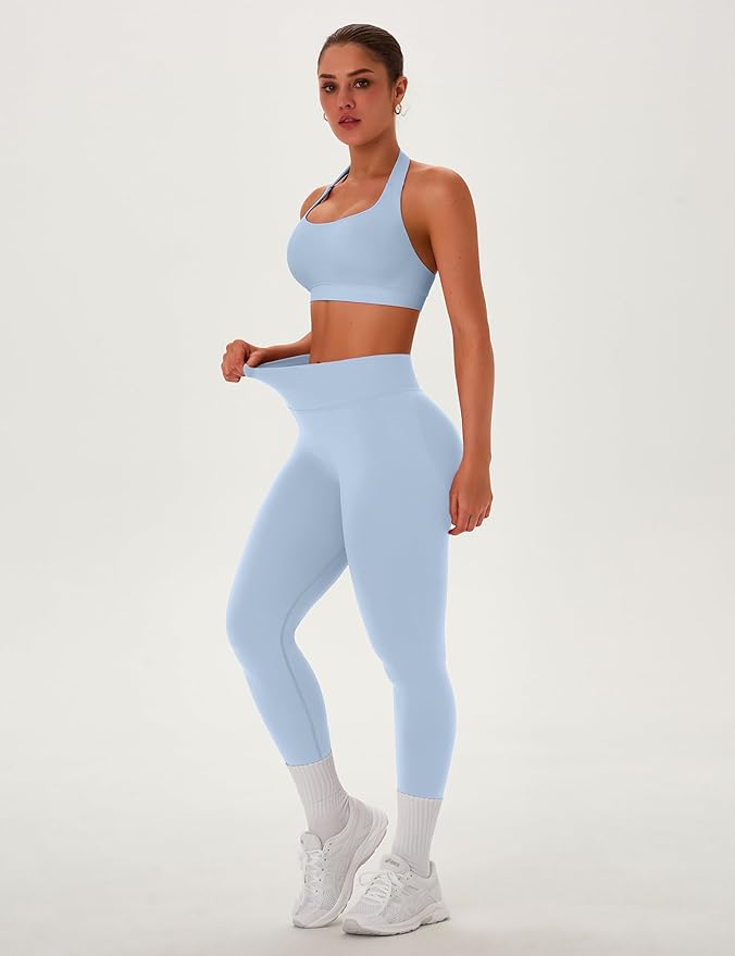 TDIFFUN Women Workout Sets 2 Piece Seamless Scrunch Butt Leggings Padded Halter Sports Bra Matching Set Gym Yoga Outfits