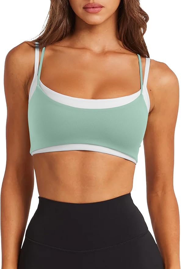 LASLULU Womens Double Layered Sports Bra Adjustable Spaghetti Straps Sexy Scoop Neck Wireless Padded Workout Yoga Crop Tops