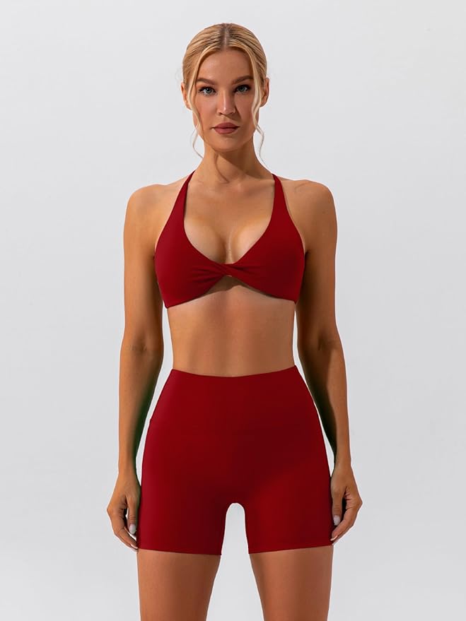 ABOCIW Workout Sets for Women 2 Piece Twist Front Halter Sports Bras High Waist Biker Shorts Exercise Gym Yoga Outfit