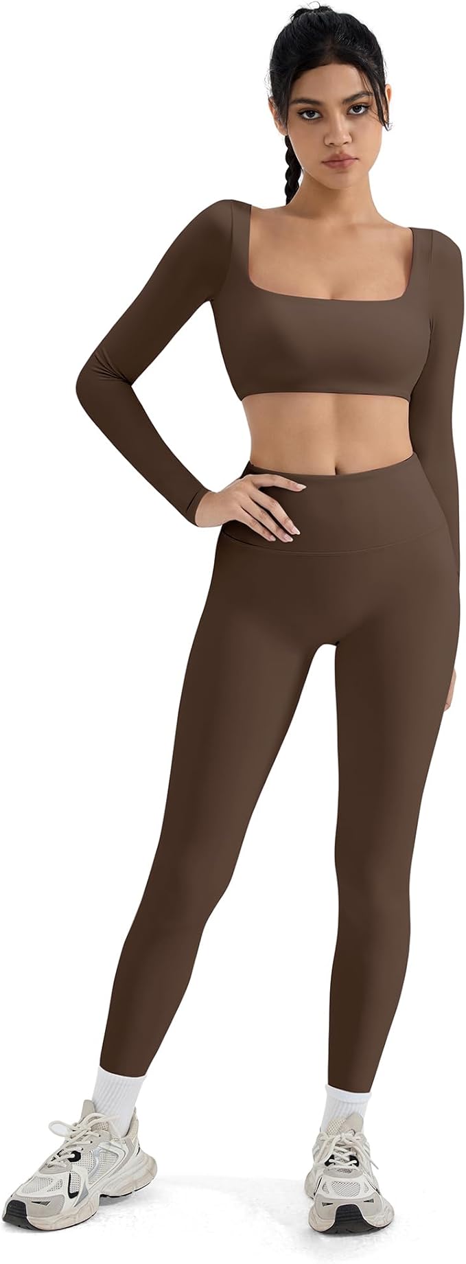 SUUKSESS Women 2 Piece Workout Sets Compression Tummy Control Leggings with Pockets Long Sleeve Square Neck Padded Crop Tops