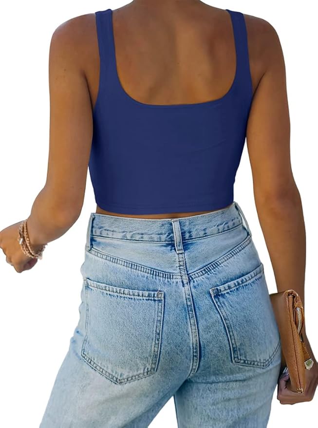 REORIA Women’s Sexy Square Neck Double Lined Seamless Sleeveless Cropped Tank Yoga Crop Basic Tops