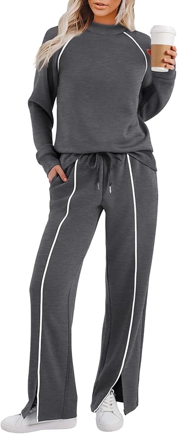 WIHOLL Lounge Sets for Women 2 Piece Fall Outfits 2025 Wide Leg Pant Matching Sets Womens Clothing