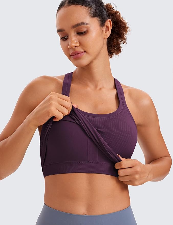CRZ YOGA Seamless Ribbed Scoop Neck Tank Top for Women - Workout Racerback Padded Athletic Camisole with Built in Bra