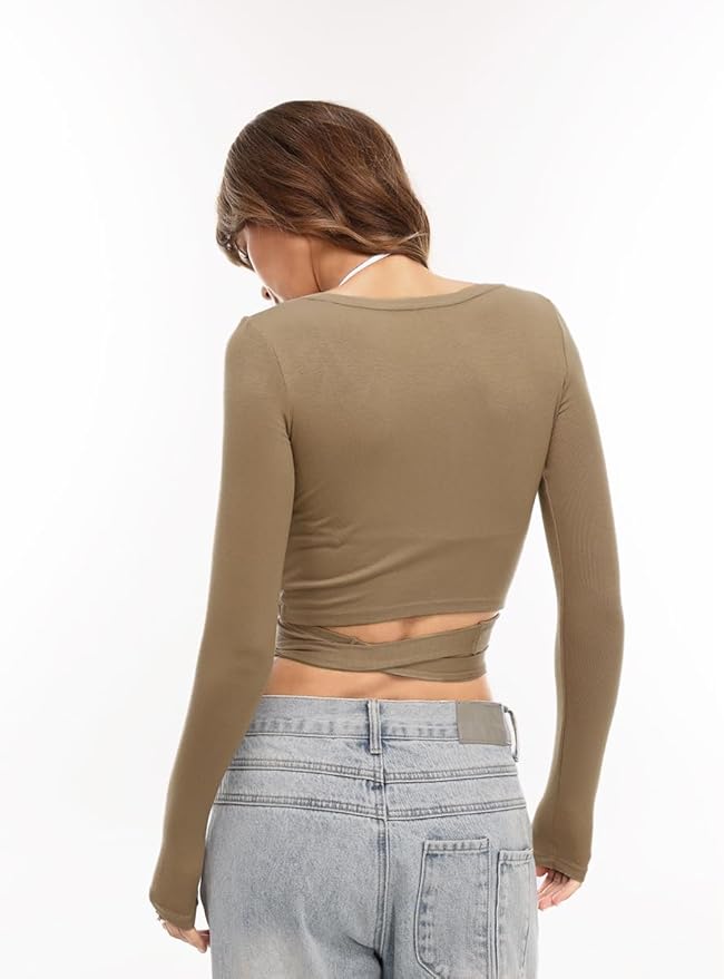 Danysu Ballet Wrap Tops Long Sleeve Cross Tie Crop Shirts Deep V-Neck Dance Clothes Fall Cardigans