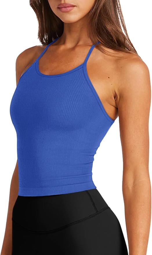 LASLULU Womens Sports Bra Seamless Long Crop Tank Racer Back Spaghetti Strap Workout Yoga Bra Padded Halter Neck Casual Tops
