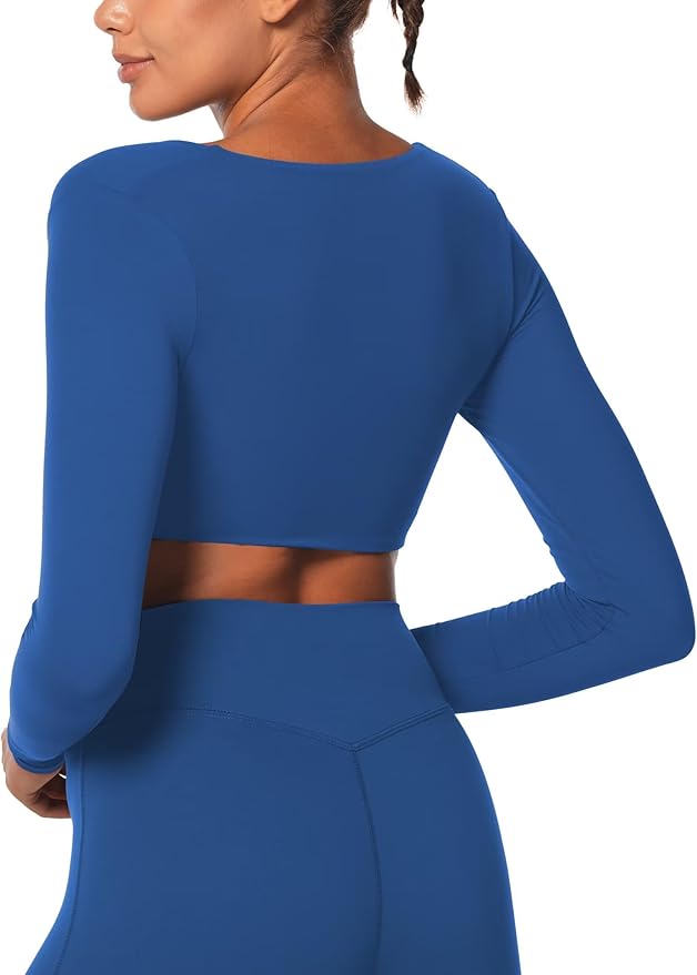 Sunzel Long Sleeve Workout Tops for Women Buttery Soft Deep V Twist Cropped Tops with Compression for Yoga Pilates Gym Outfit