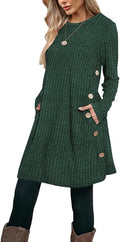 Poetsky Women Long Sleeve Tunic Tops to Wear with Leggings Side Buttons Long Shirts Rib Sweater Dress with Pockets S-3XL