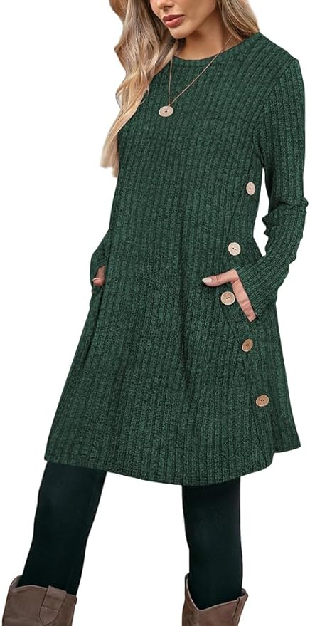 Poetsky Women Long Sleeve Tunic Tops to Wear with Leggings Side Buttons Long Shirts Rib Sweater Dress with Pockets S-3XL